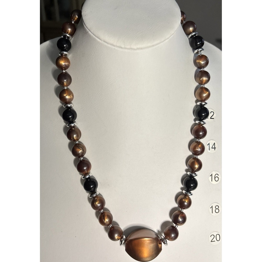 Brown Black Lucite Bead Statement Necklace Silver Tone Lobster Clasp